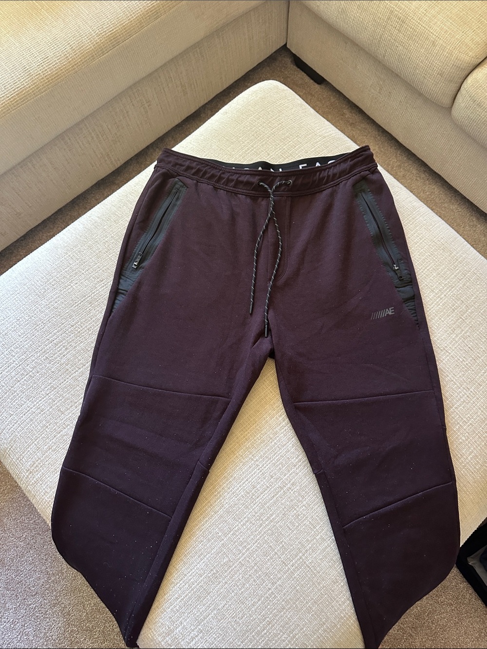American Eagle Outfitters Men's Dark Maroon Jogger Pants with Black Trim